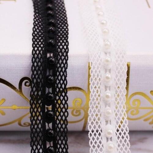 20Yards 15mm White Black Grid Lace Fabric Pearl Trims Collar Diy Handmade Beading Lace Trim Sewing Material Clothing Accessories