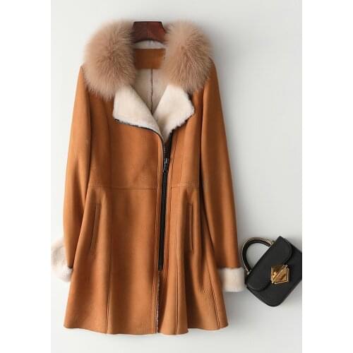 2019 Thick Warm Turn Down Fox Fur Collar With Long Sleeve Solid Sheepskin With Zipper