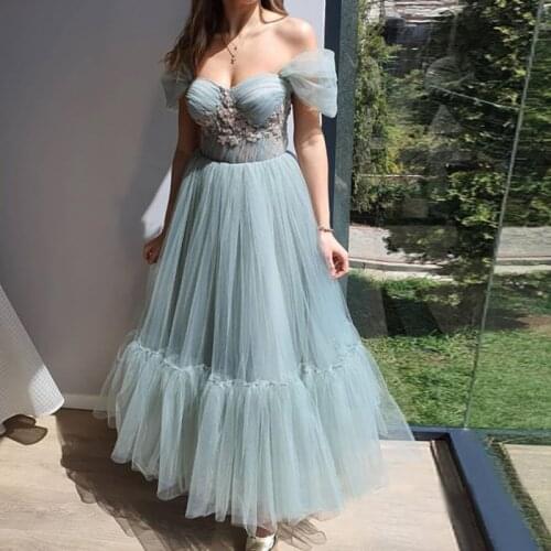 2021 Latest Arrival Dusty Blue Prom Party Dresses Ankle Length Sweetheart Off Shoulder Sleeves Wedding Party Gowns Appliqued