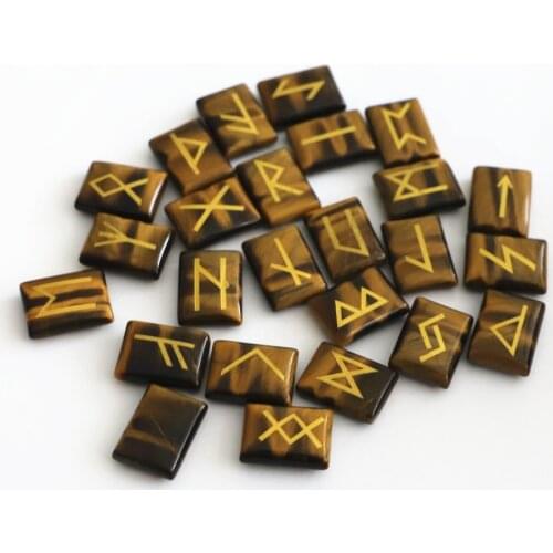 25pcs/lot Natural Tiger Eye Stone Viking Runes Amulet Set Reiki Healing Crystals Divination Tumbled Rectangle Stones