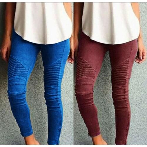 New High Stretch Pants For Women Casual Slim Fit Pencil Pant Pleated Trousers Lady Blue Color Female Leggings Plus size XS-5XL