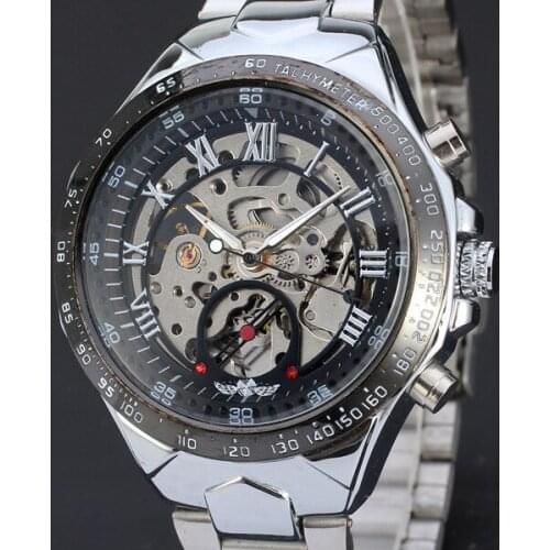 30pcs/lot winner-D125 roman style hollow out winner watch top quality mechanical stainless steel watch wrap casual watch for men