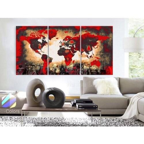 Canvas Printed With Original Wonders Of The World On Old Paper Maps Of Red And Yellow Walls Decorate The Home