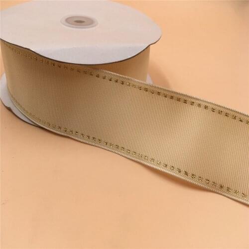 38MM 25yards Wired Edge Cream Grosgrain Ribbon With Gold Lurex Stitched for Festival Christmas Decoration New Year Gift Wrapping