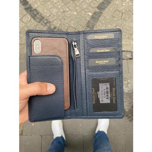 Karalı Leather Karali Leather Phone Compartment The Kartlıkl Navy Blue Genuine Leather wallet