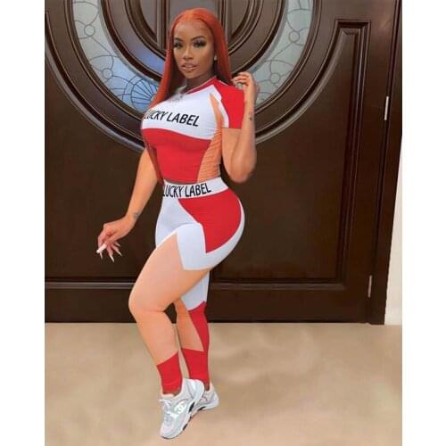 TNNAOFF Lucky Label Patchwork Two Piece Tracksuits Women Set Short Sleeve T Shirt Sexy Sweatpants Lounge Wear Matching Sets