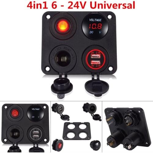 All in 1 Switch Panel 6-24V Red LED Dual USB Port Car Charger + Voltmeter + 12V Power Socket + On-Off Switch for Car Automobile