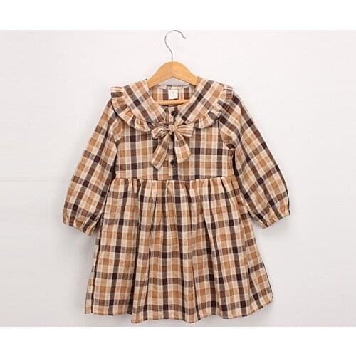 Free Shipping 2-7 Y Kids Dresses for Girls 2019 Spring Autumn Long Sleeved Plaid Dress Baby Pure Cotton Butterfly Dress Elegant
