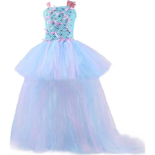 Flower Girl Tutu Dress for Kids Wedding Evening Party Gown with Long Train Bow-Knot Crystal Children Tulle Fairy Princess Dress