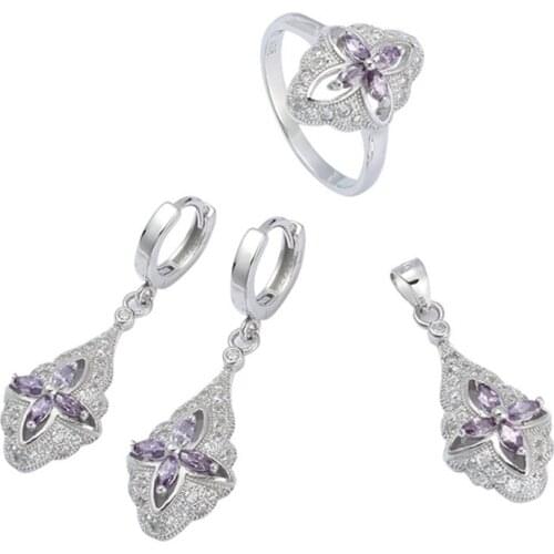 Eulonvan 925 sterling silver luxury women Engagement Wedding jewelry sets (ring/earring/pendant) Purple Cubic Zirconia S-3707set