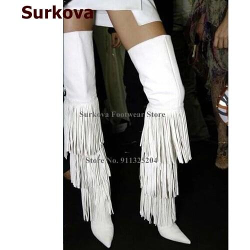 Surkova Sexy Fringe Over-the-knee Boots Thin High Heel Pointed Toe Tassel Thigh High Boots White Black Beige Zipped Long Boots
