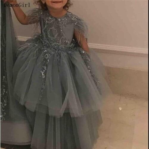 Grey Lace Beaded Flower Girl Dresses Tiered Tulle Little Princess Wedding Party Dresses Kids Communion Pageant Dresses
