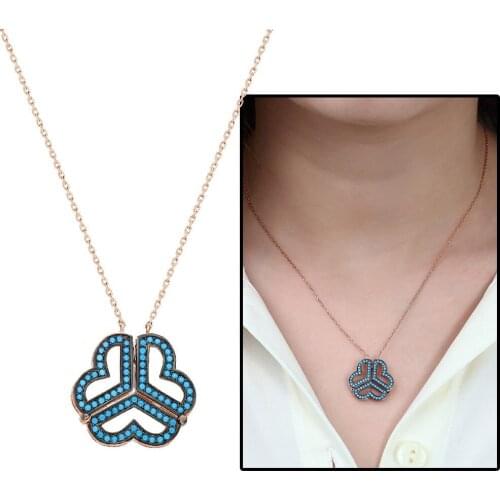 Tesbihane Turquoise Gemstone Two-Use Three Heart 925 Sterling Silver Ladies Necklaces