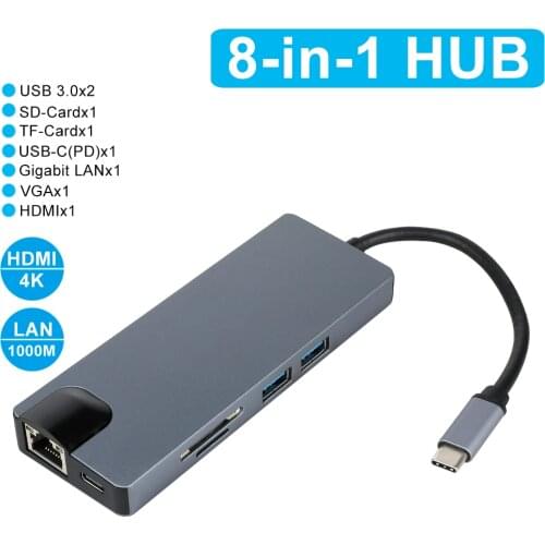 USB Type C HUB to 3.0 USB HDMI VGA Gigabit Ethernet RJ45 USB HUB for MacBook Pro Accessories USB Splitter 8 Ports Type C HUB