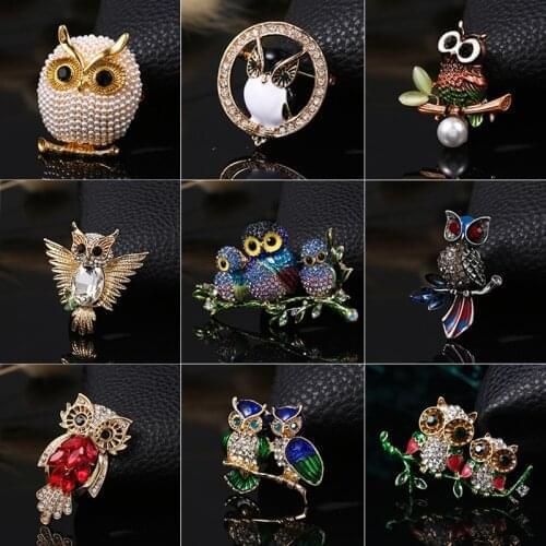 Vintage Rhinestone Crystal Pearl Inlaid Owl Brooch Pin Wedding Party Ladies Shiny Jewelry Clothing Accessories Cute Animal Badge
