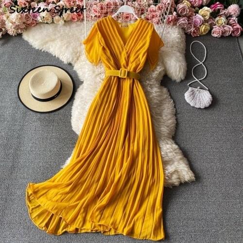 Y2k Dress Women Retro V neck Korean Style High Waist Slim Pleated Dress Elegant Fashion High Quality Clothing Women Vestido 2021
