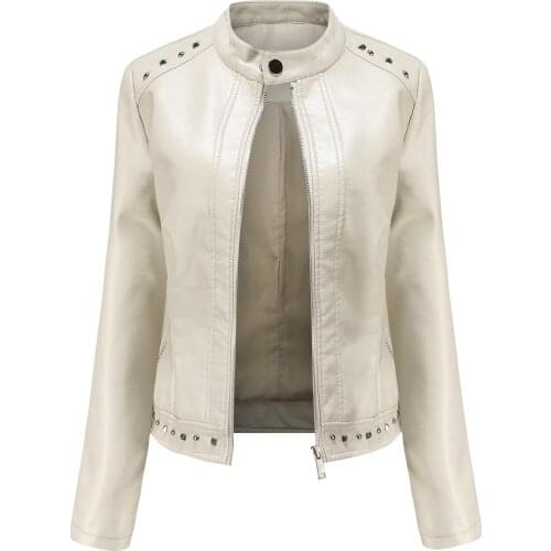2021 Spring Autumn Leather Jacket Mandarin Collar Solid Rivets And Pockets Zipper Street Style Casual Women Leather Jacket Coats