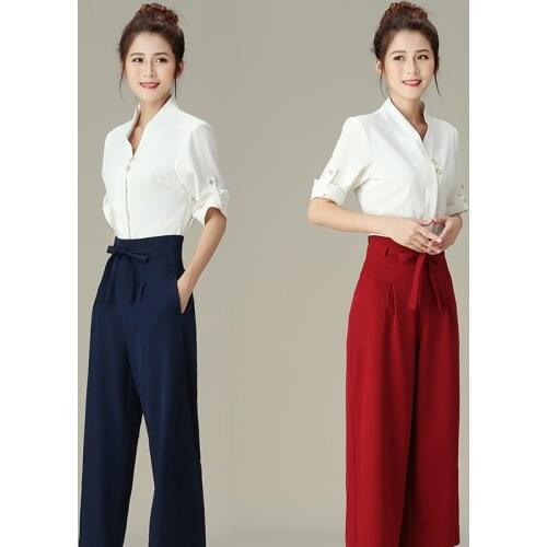 Women Fashion Spa Hotel Beauty Salon Uniforms Manicurist Beautician Workwear Cross Neck Top Loose Pants Massage Clothing AS261