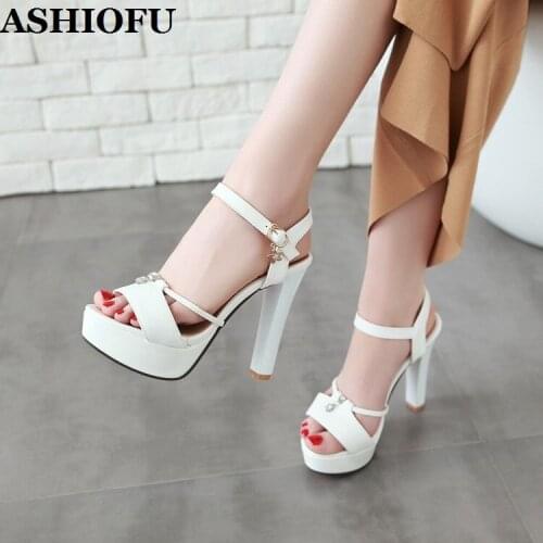 ASHIOFU Handmade New Real Photos Ladies Thick Heels Sandals Crystals Party Platform Summer Shoes Sexy Evening Fashion Sandals