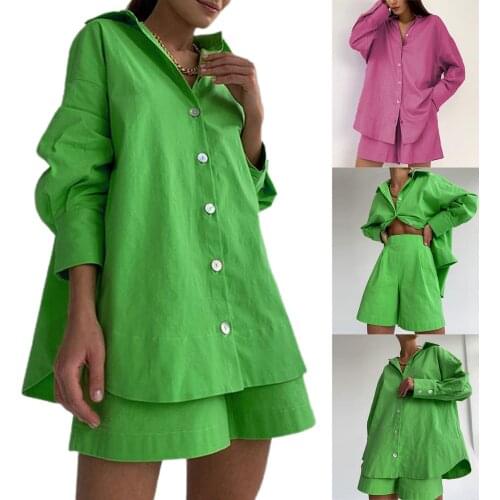 Shirt Shorts Two Pieces Solid Set Casual Loose Long Sleeve Button Top High Waist Wide Leg Pant Design Women Cotton Clothing Suit