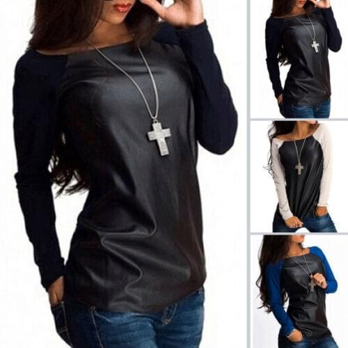 Hot New Fashion Women Summer Loose Top Long Sleeve Patchwork Spring O-Neck Ladies Casual PU Leather Tops Ladies T-Shirt S-XL
