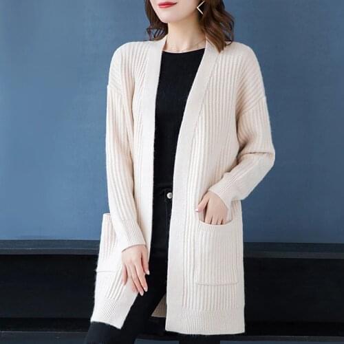Autumn and winter new Casual Knitted Cardigans women fashion Loose Long sleeve Sweater Coats Solid color V-Neck Pockets Sweater