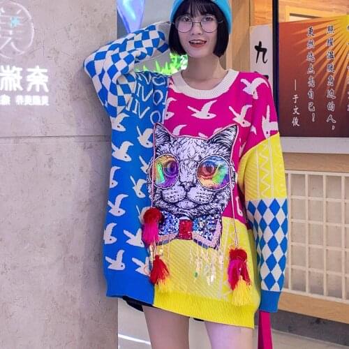 New Korean Fashion Winter Woman Sweater Oversize Sweater Tassel Sequins Pullover Cute Cartoon Long Sleeve Tops Knitted Jumper