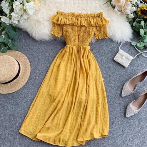 6 colors Summer Womens dress Bohemia Solid Short Sleeve Off Shoulder Ruffles Knee length dress летнее платье женское sundress