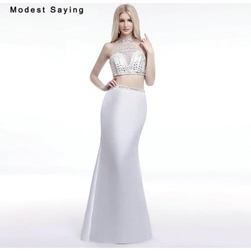 Sexy White Mermaid O Neck Beaded 2 Pieces Evening Dresses 2017 with Rhinestone Formal Long Party Prom Gowns vestido de noche