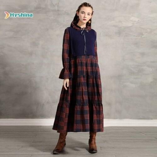 Womens Winter New Two Piece Bottomed Skirt Retro Bow Plaid Dress