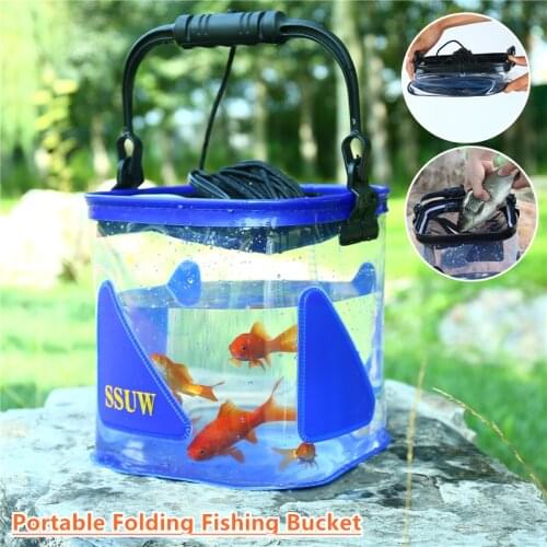 1pcs Portable Transparent Fish Bucket Outdoor Folding Water Storage Fishing Tackle with Mesh Lid