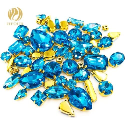 2018 New Product Gold base mixed shape mix size Lake Blue glass crystal faltback sew on rhinestones DIY Garment/ Shoes/Bag