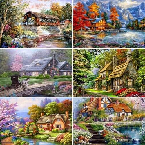 2020 MEIANForest Bridge Diamond Embroidery House Tree Diamond Painting Cross Stitch Full Round Rhinestone Mosaic Decoration