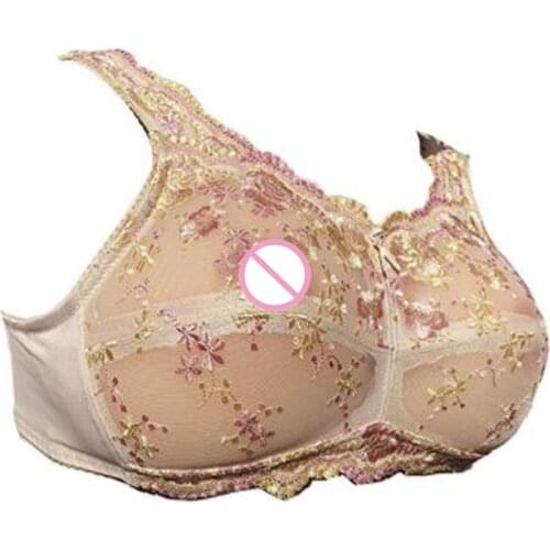 Beige Lace See-Through Pocket Bra Sexy Floral Embroidery Underwear for Silicone Breast Pads Crossdress Cosplay Mastectomy Ajusen
