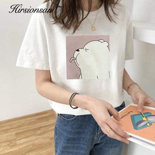 Hirsionsan 100% Cotton T Shirt Women Female Kawaii Bear Print Soft Clothes Oversized Tops Casual Ins 2020 Harajuku Chic Tees