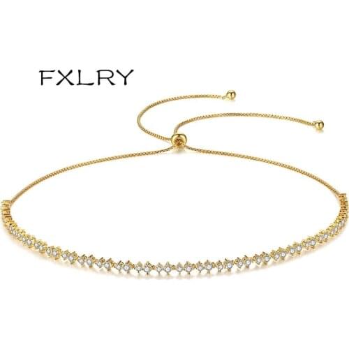 FXLRY Elegant White /Gold Color Micro Inlay AAA Cubic Zirconia Adjustable Push And Pull Necklaces Women 's Fashion Accessories