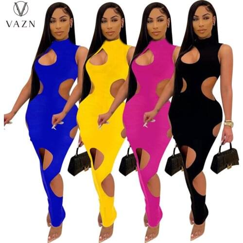 VAZN 2021 Fashion Hot Sale Women Sexy Girl Style Long Dresses Sleeveless Round Neck Pure Color Ankle-Length Dresses