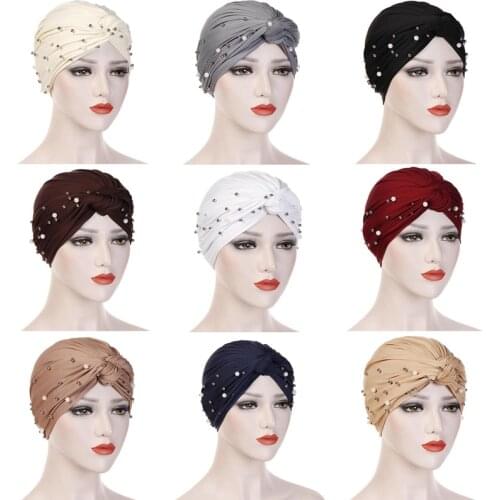 Fashion Muslim Womens Cotton Turban Hijab Beading Headscarf Caps Female Wrap Head Scarves Islamic Head Scarf Turbante Mujer