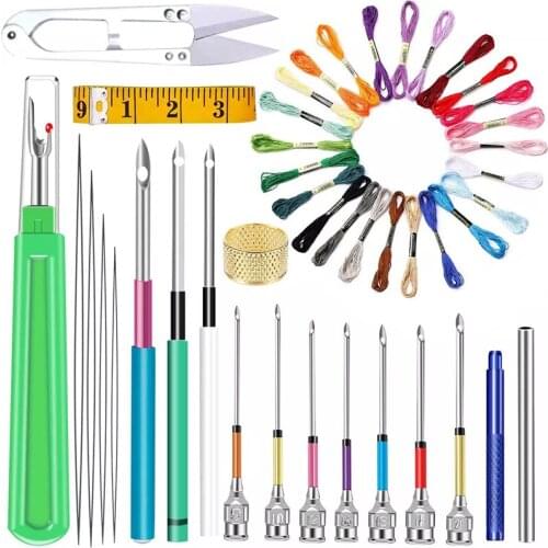Imzay 54PCS Punch Needle Tool Kit Rainbow Color Embroidery Thread Soft Tape Measure Yarn Scissors Seam Ripper Thimble Threader