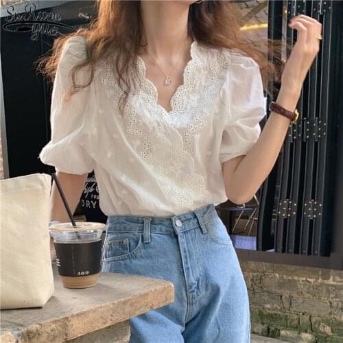 2021 New White Shirts Women Fashion Short Sleeve Shirt Hollow Tops Korean Chic Button Up Shirt Blusas Mujer Dropshipping 14275