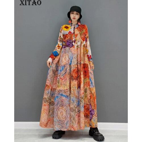 XITAO Fashion Print Dress Loose Large Sizer Splicing Women Stand Collar Shirt Dress Contrast Color Spring and Autumn New WMD1900