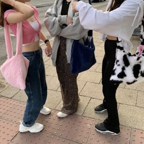 Female Chic Y2K Fluffy Crossbody Bag Fashion Solid Color/ Leopard Print Multipurpose Large Capacity Shoulder Satchel