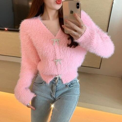 2021 Autumn new womens v-neck rhinestone bow buttons patchwork mohair wool knitted long sleeve short sweater cardigan coat