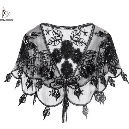 Vintage Mesh Scarf Wraps Flapper Cover up Party Gatsby Women Scarves 1920s Shawl Dress Shawl Beaded Sequin Wedding