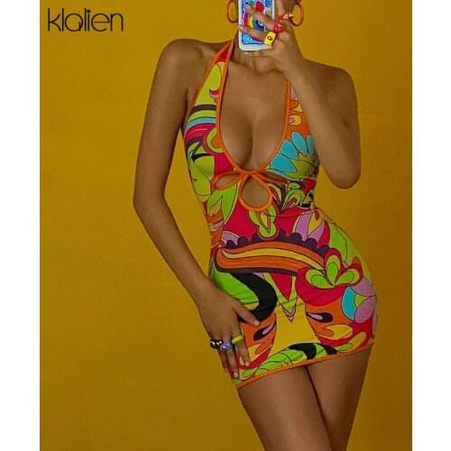 KLALIEN Fashion Sexy Print Low Chest V Neck Mini Bodycon Dress Women Summer Beach Vacation Y2K Dresses Slim Stretch Streetwear