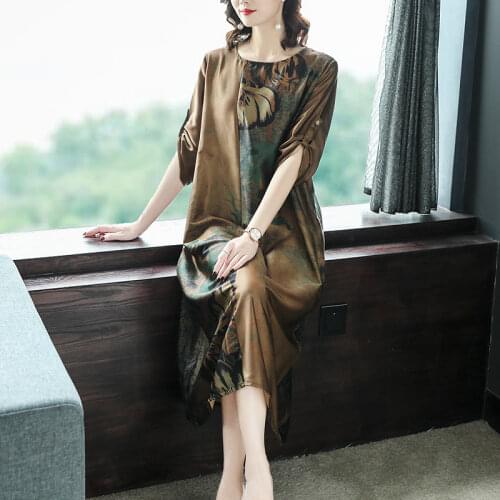 2020 elegant Large Size 5 6XL Female Print Dress Spring Summer new national style loose Nine points sleeve Dress for Women b230