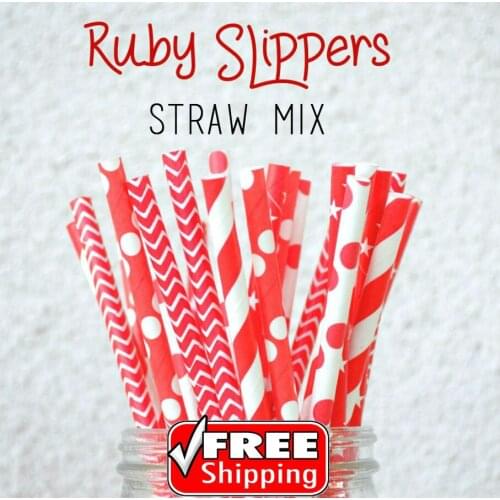 250pcs Mixed 5 Designs Ruby Slippers Themed Paper Straws-Red-Stripe,Dot,Chevron,Star-Christmas Party Fun Decorations Cheap Bulk