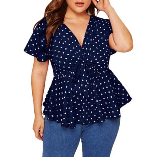 40#Plus Size Women Blouses Polka Dot Knot Front V Neck Short Sleeve Shirt Top Summer Elegant Blouse with Belt блузка женская