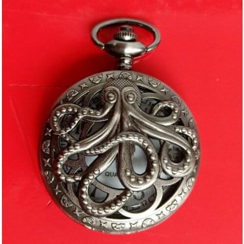 50pcs/lot Hot Sell Black Hollowed Octopus Quartz Pocket Watch Men Women Wacthes Pendant Necklace