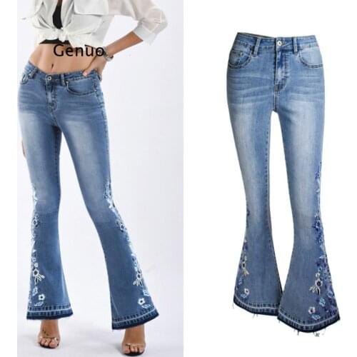Flower Embroidery Skinny Jeans Woman Vintage Flare Denim Pants Womens Jeans 4Xl Plus Size